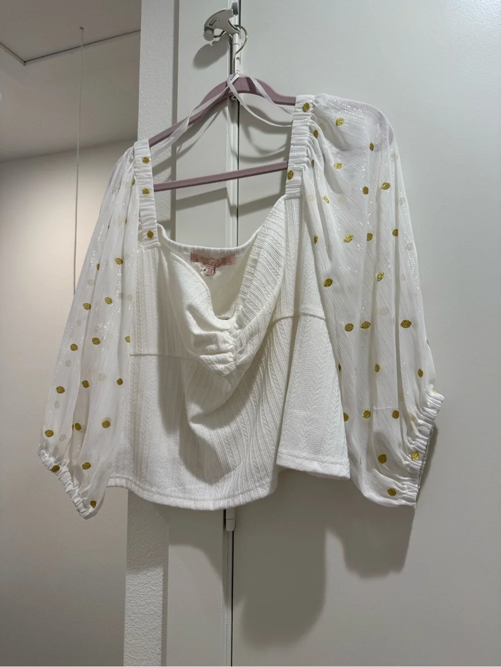 Hutch White Crop Top with Sheer Gold Dot Puff Sleeves - Picture 2 of 6